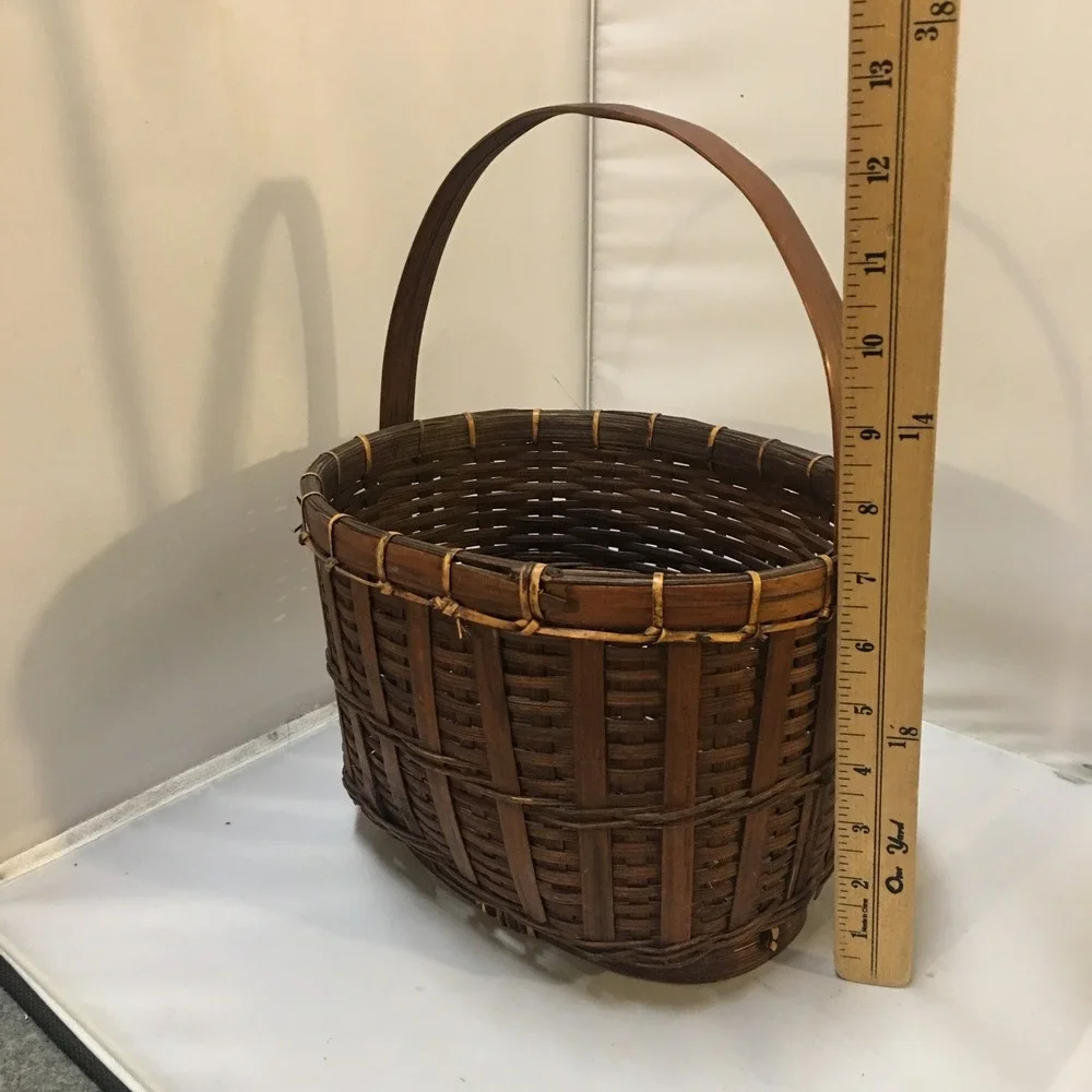 Woven Bamboo Basket Home Decor Brown Oval Footed Handle 9.5in Rustic Bohemian